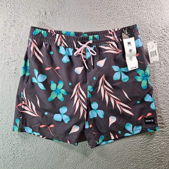 NWT Hurley Board Shorts Swim Trunks Men Large No Liner Floral Leaf Print‎ Gray - Picture 1 of 13